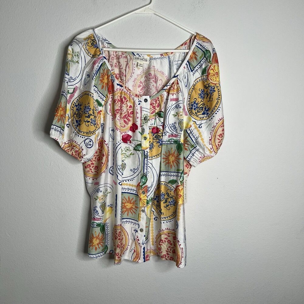 Kate And Lily Blouse Womens Size 2X Multicolor Postcard Print Short Sleeve Top
